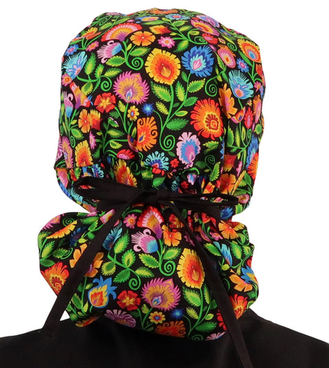 Big Hair Surgical Scrub Cap - Gorgeous Garden with Black Ties