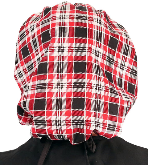 Banded Bouffant Surgical Scrub Cap - Sassy Classy Plaid with Black Ties