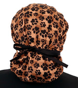 Banded Bouffant Surgical Scrub Cap - Plentiful Paws on Brown Plaid with Black Ties