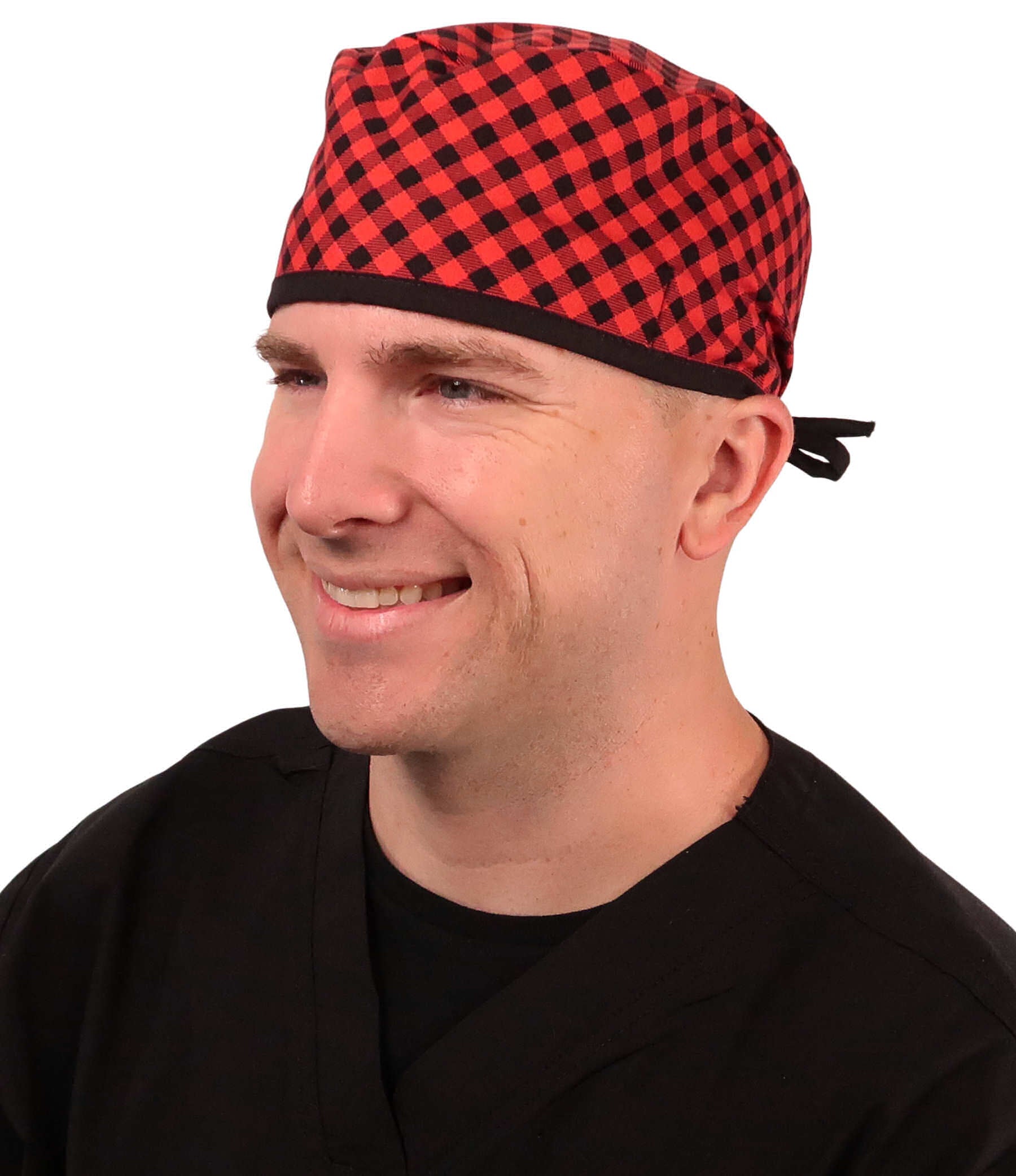 Front Facing View of a Man Wearing a Classic Cotton Surgical Scrub Cap - Buffalo Check with Black Ties Pattern.