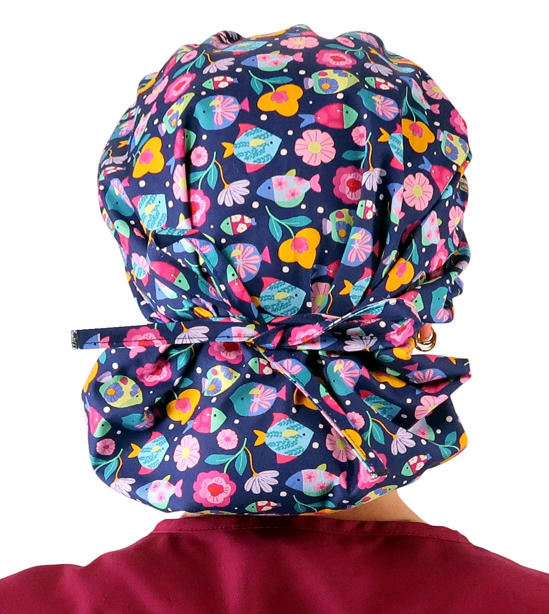 Stylish American Made Banded Bouffant Ponytail Scrub Cap - Fabulous Fishies Banded Bouffant Surgical Scrub Caps