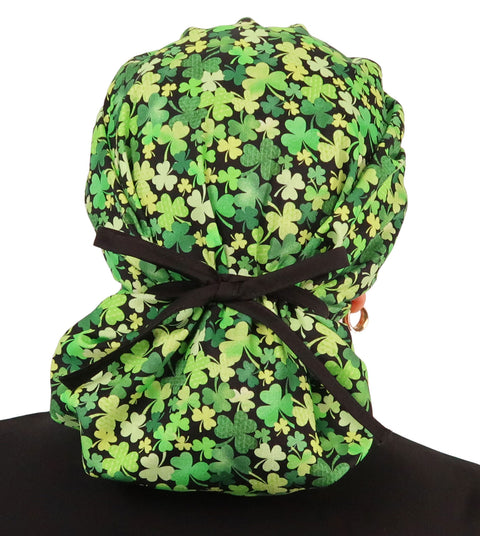 Banded Bouffant Surgical Scrub Cap - Clover Clusters with Black Ties