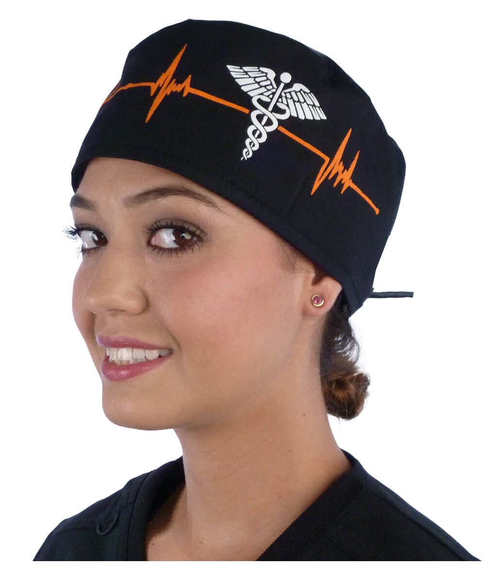 Front facing image of a woman in scrubs wearing a Classic Surgical Scrub Cap in a EKG Signal and Medical Sign pattern.