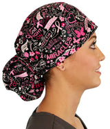 Big Hair Women's Scrub Cap - Pink Ribbon Collage on Black