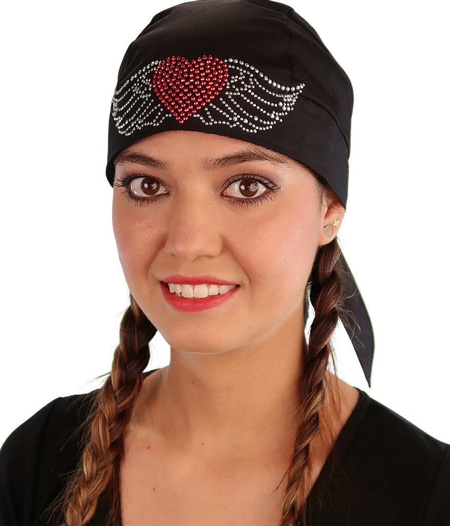Embellished Skull Caps: Stylish and Unique Headwear - Black Skull Cap with Large Heart & Wings Rhinestud/Stone Design - Classic Skull Caps - Sparkling EARTH