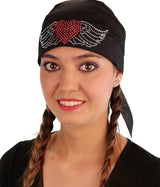 Embellished Classic Skull Cap - Black Skull Cap with Large Heart & Wings Rhinestud/Stone Design