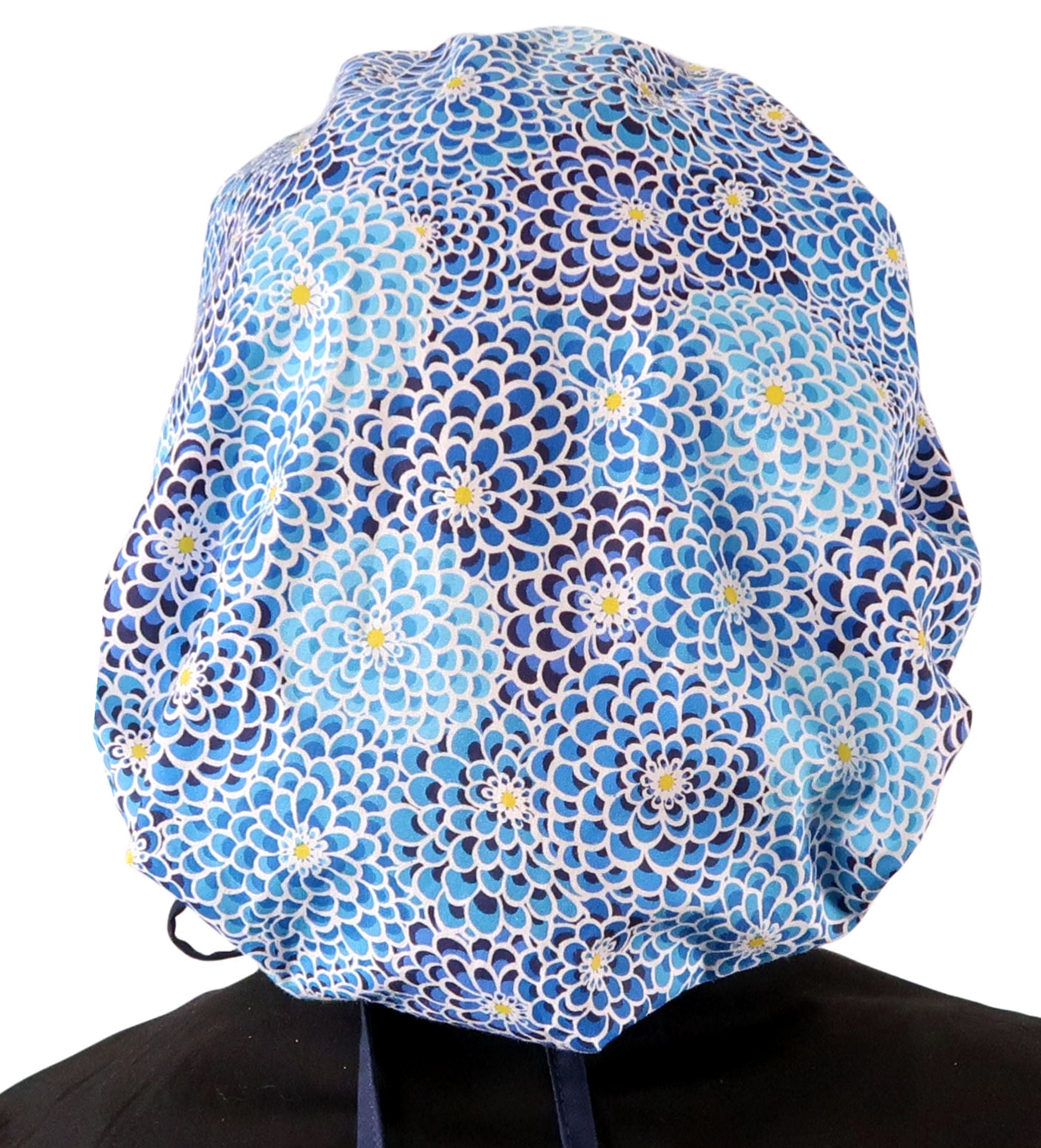 Stylish American Made Banded Bouffant Ponytail Scrub Cap - Blue Dahlia Dreams with Navy Ties Banded Bouffant Surgical