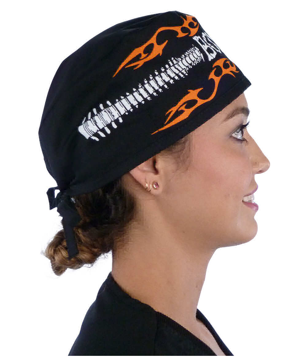 Side facing image of a woman in Scrubs wearing a Classic Surgical Scrub Cap in a Bones on Black pattern.