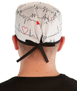 Surgical Scrub Cap - Heartbeats on White with Black Ties