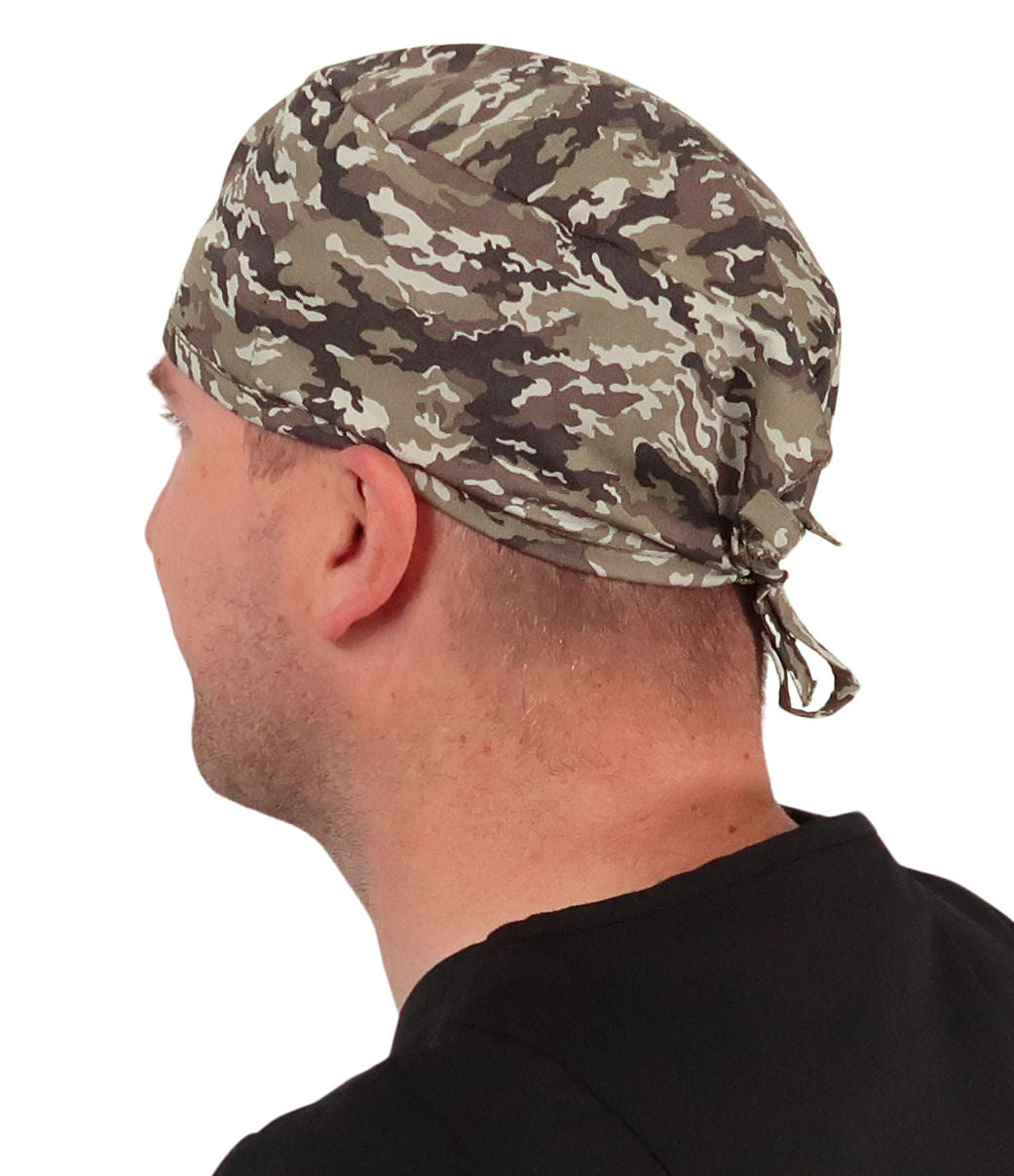Side Facing View of a Man Wearing a Classic Cotton Surgical Scrub Cap - Combat Camouflage Pattern.