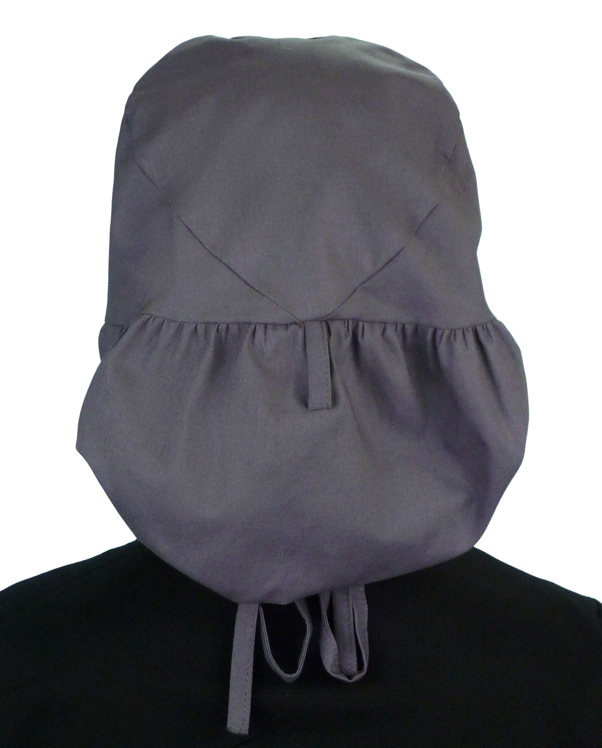 Back facing untied image of a woman in scrubs wearing a Grey Big Hair Ponytail Scrub Cap and grey ties to hold the scrub cap in place.