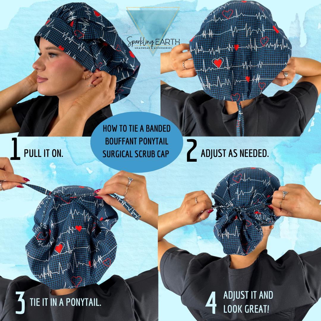 Stylish American Made Banded Bouffant Ponytail Scrub Cap - Precious Posies Banded Bouffant Surgical Scrub Caps