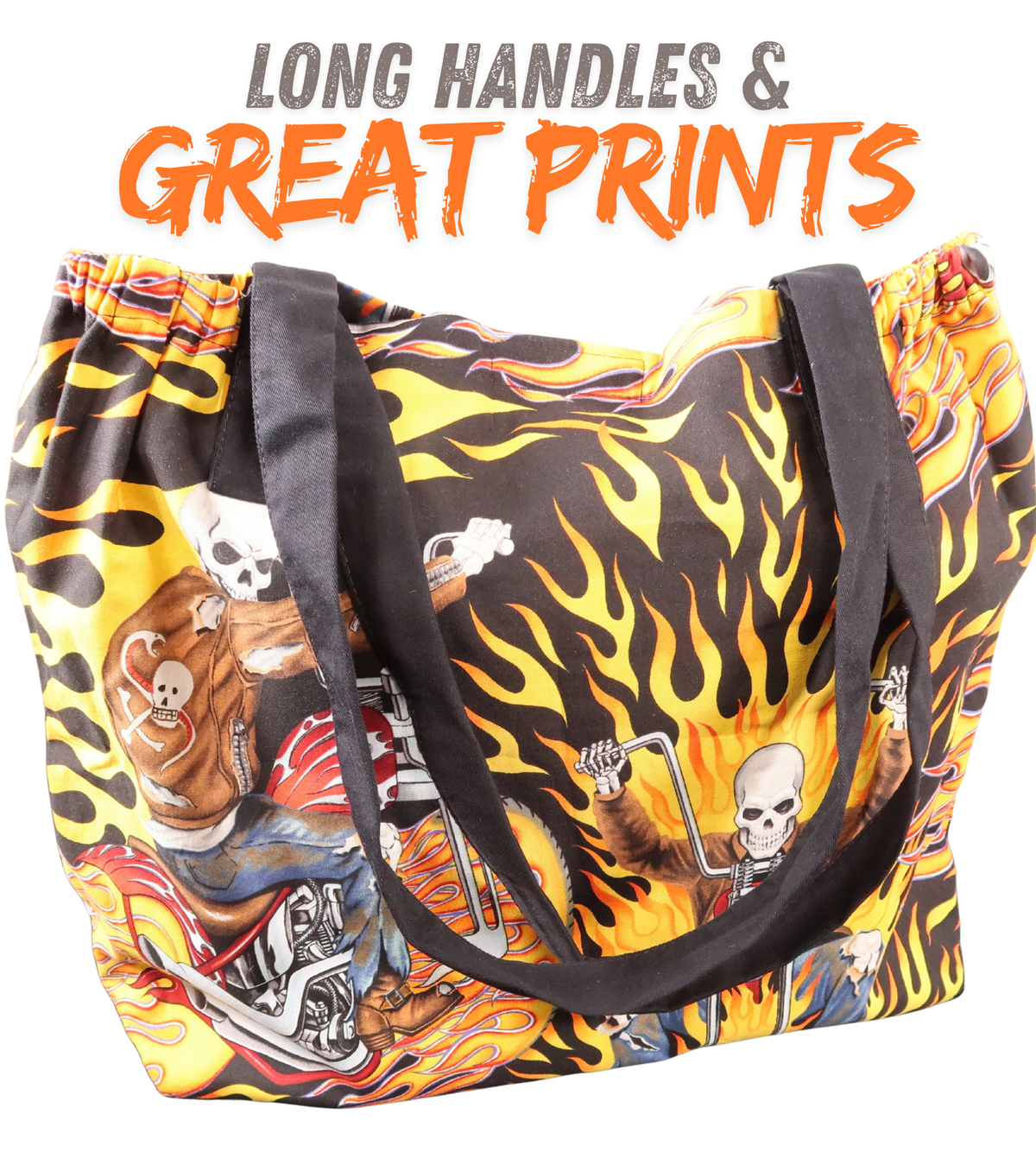 Eco-Friendly Tote Bags with Multiple Pockets and Amazing Patterns - Flames, Skeletons and Motorcycles