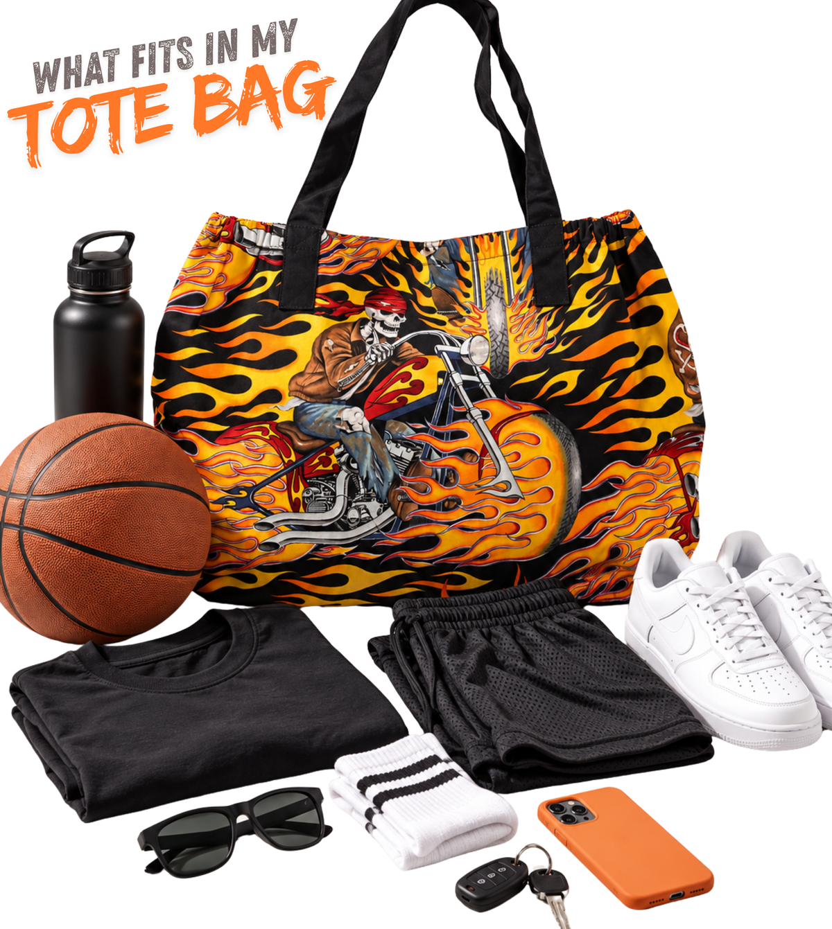 Eco-Friendly Tote Bags with Multiple Pockets and Amazing Patterns - Flames, Skeletons and Motorcycles