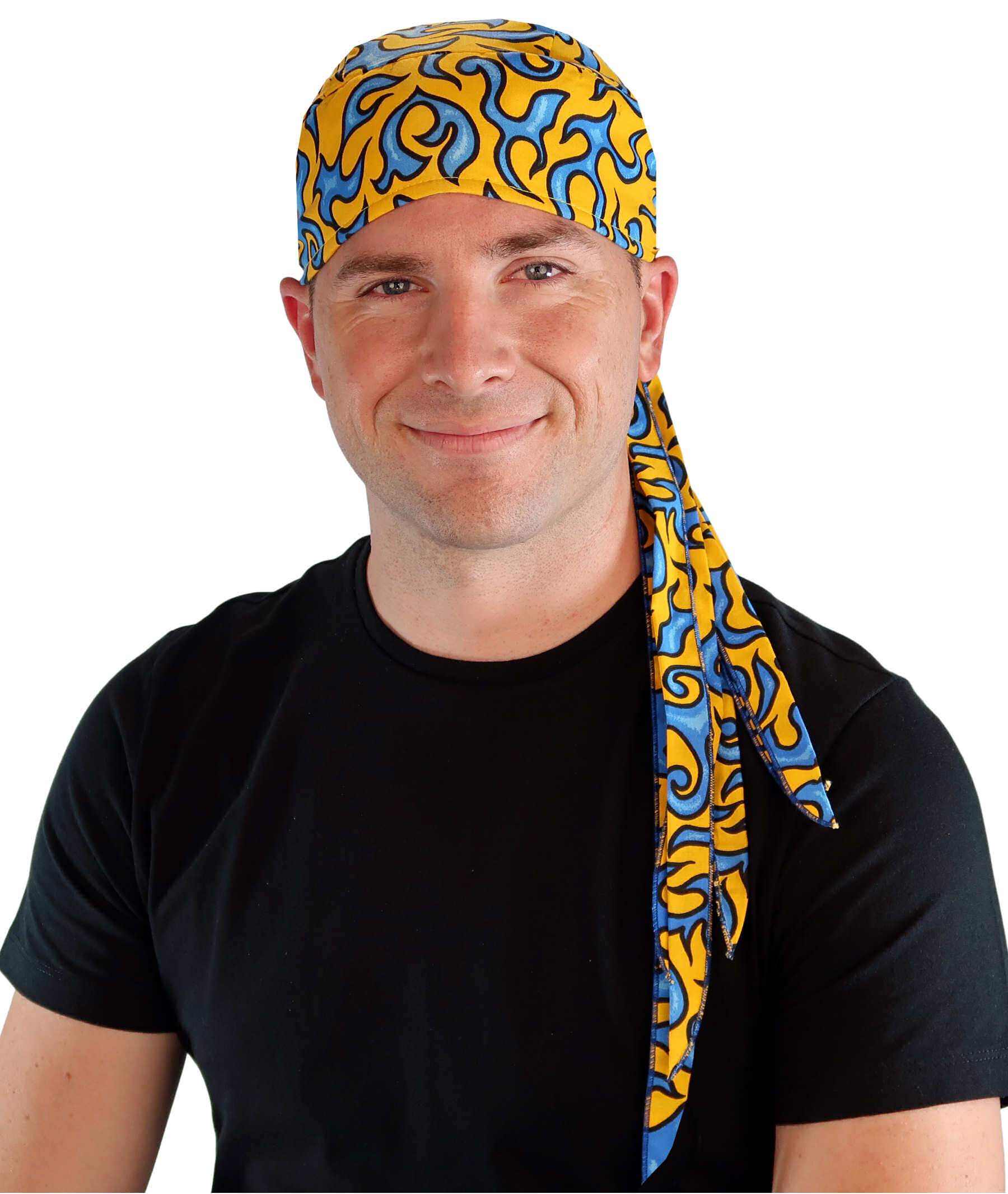 Nomad 10 Skull Cap - Rockstar Style for the Open Road - American Made - Liquid Blue Flames on Yellow - Nomad 10 Skull Caps - Sparkling EARTH