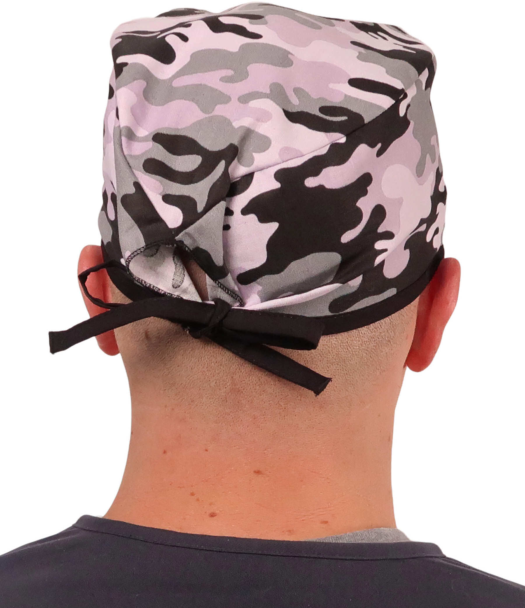 Back Facing View of a Man Wearing a Classic Cotton Surgical Scrub Cap - Kickin Camo Black and Grey with Black Ties Pattern.