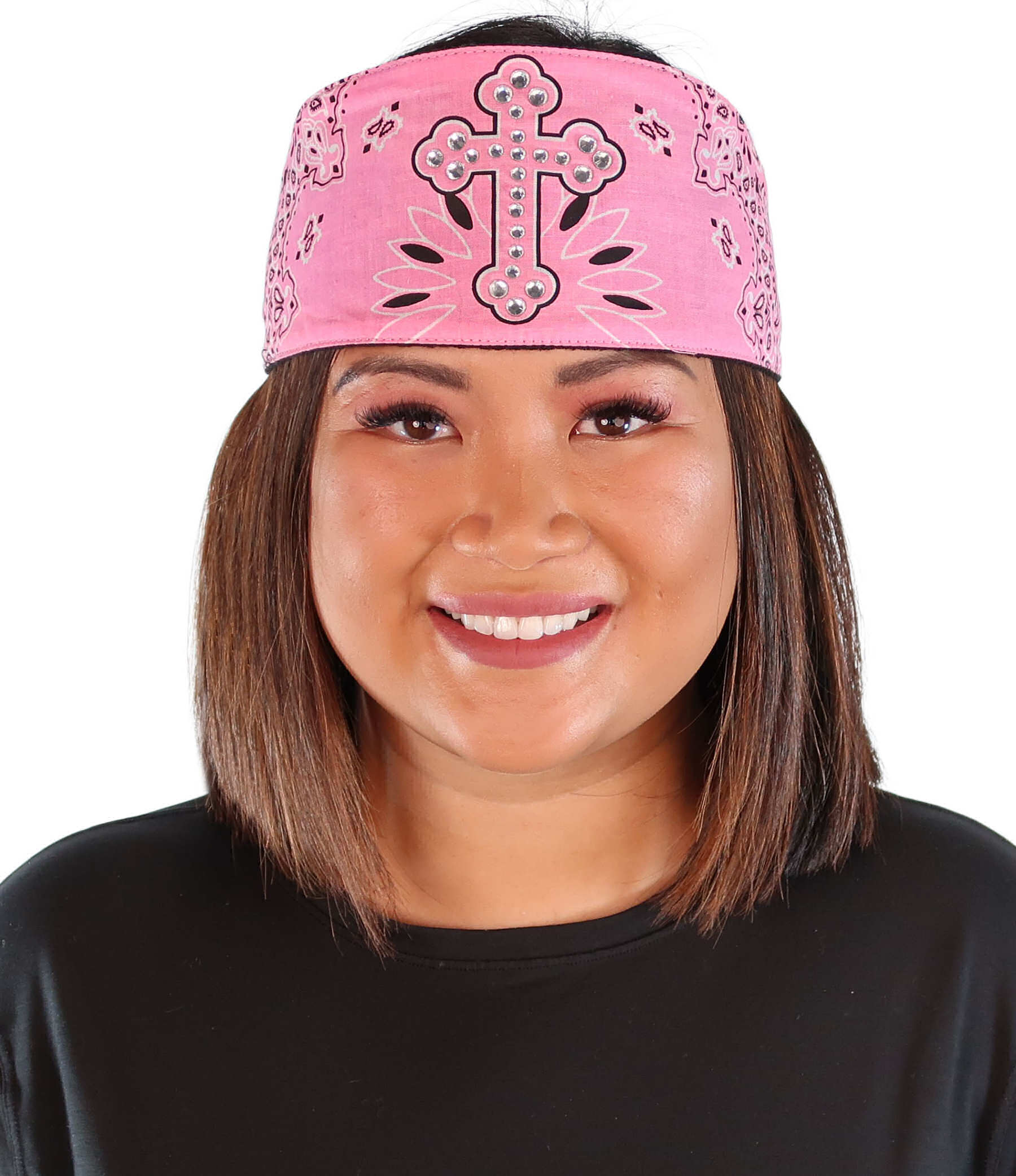 Chop Top Biker Style Headbands - Pink Cross Paisley with Rhinestones - Imported Chop Tops - Sparkling EARTH