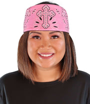 Chop Top Biker Style Headbands - Pink Cross Paisley with Rhinestones