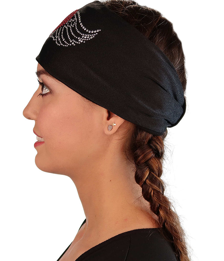 Embellished Reversible Stretch Headband – Stylish, Comfortable &amp; USA-Made -  Black Headband with Large Heart &amp; Wings Rhinestud Design - Stretch Headbands - Sparkling EARTH