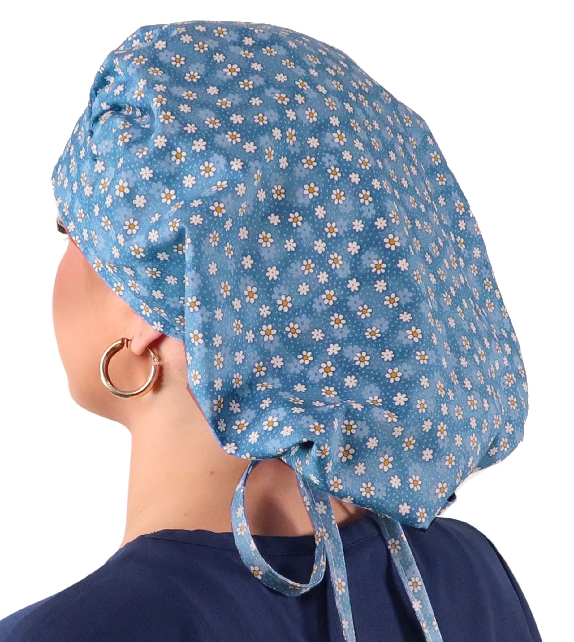 Stylish American Made Banded Bouffant Ponytail Scrub Cap - Dainty Daisies Banded Bouffant Surgical Scrub Caps