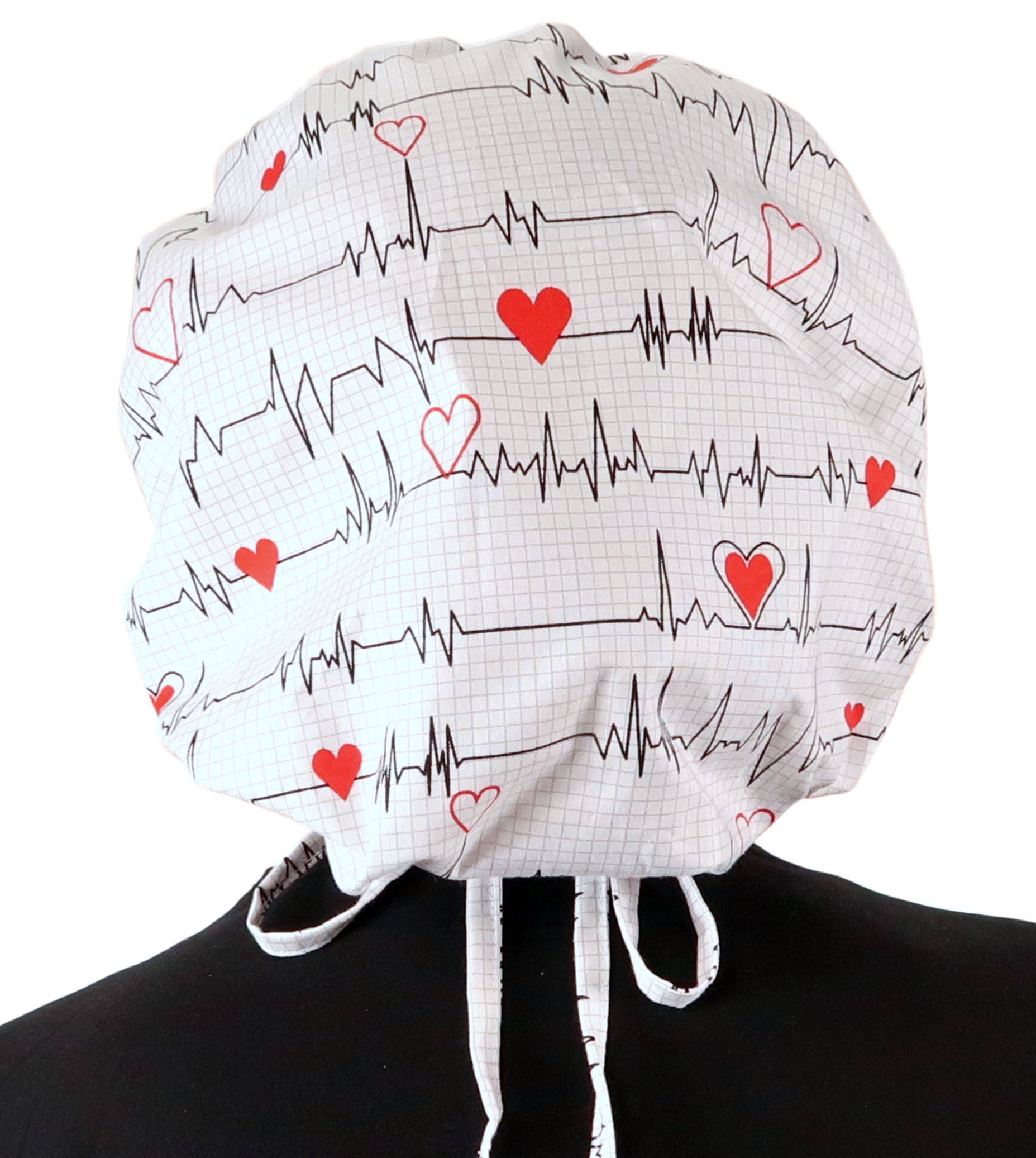 Back Facing Untied View of a Woman Wearing a Tied Back Banded Bouffant Ponytail Surgical Scrub Cap - Heartbeats on White Patterned Fabric