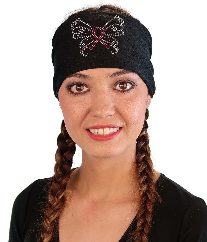 Reversible Stretch Headband – Stylish and Comfortable - Black Headband with Pink Ribbon Butterfly Rhinestud Stone