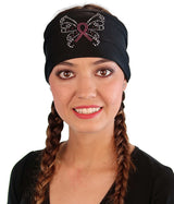 Embellished Stretch Headband - Black Headband with Pink Ribbon Butterfly Rhinestud/Stone Design