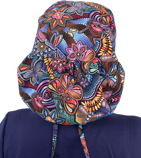 Big Hair Ponytail Surgical Scrub Cap - Perfect Scrub Cap for Long Hair - Nighttime In The Garden