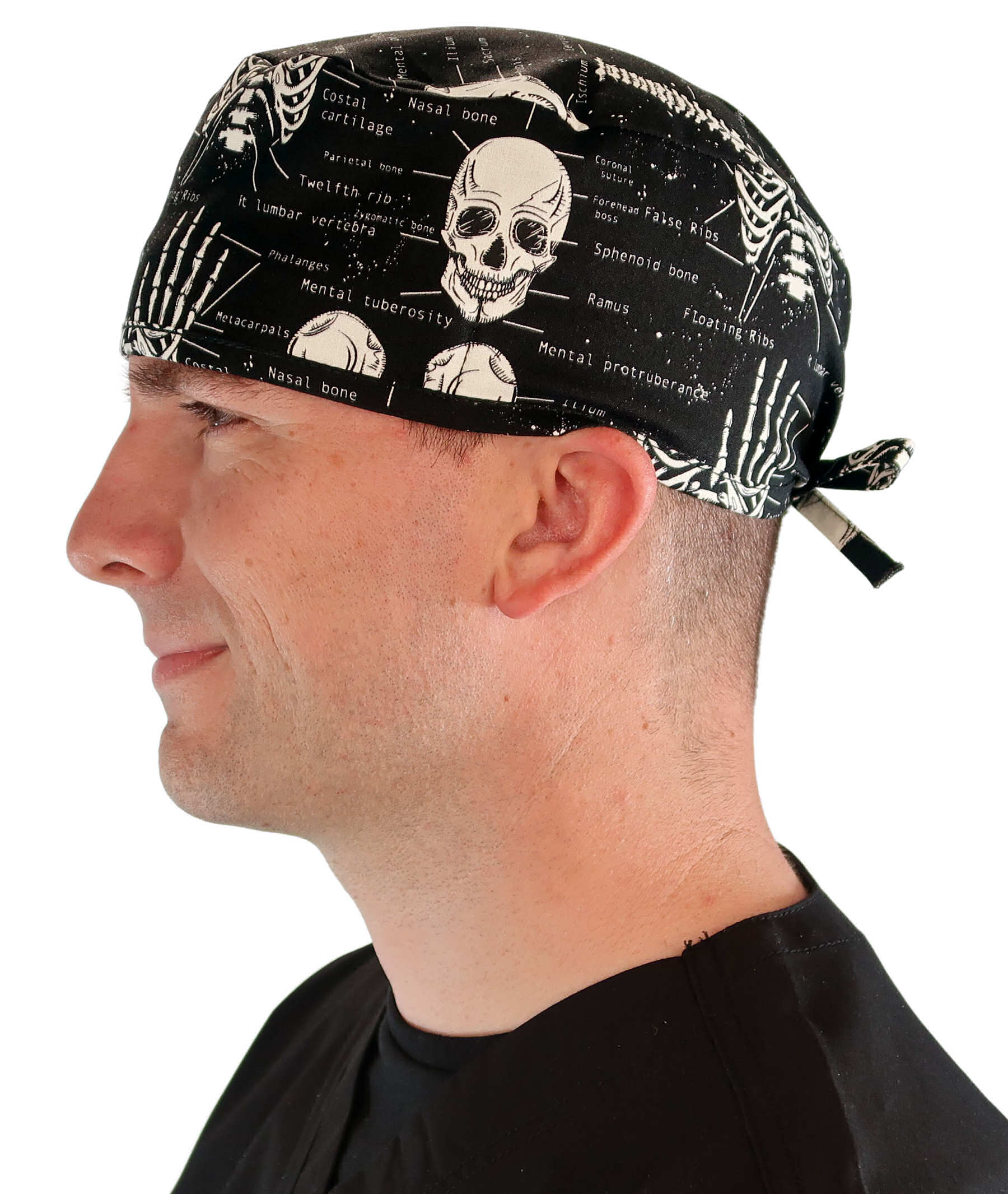Side Facing View of a man Wearing a Classic Cotton Surgical Scrub Cap - Human Body Skeleton (Glow In The Dark) Pattern.
