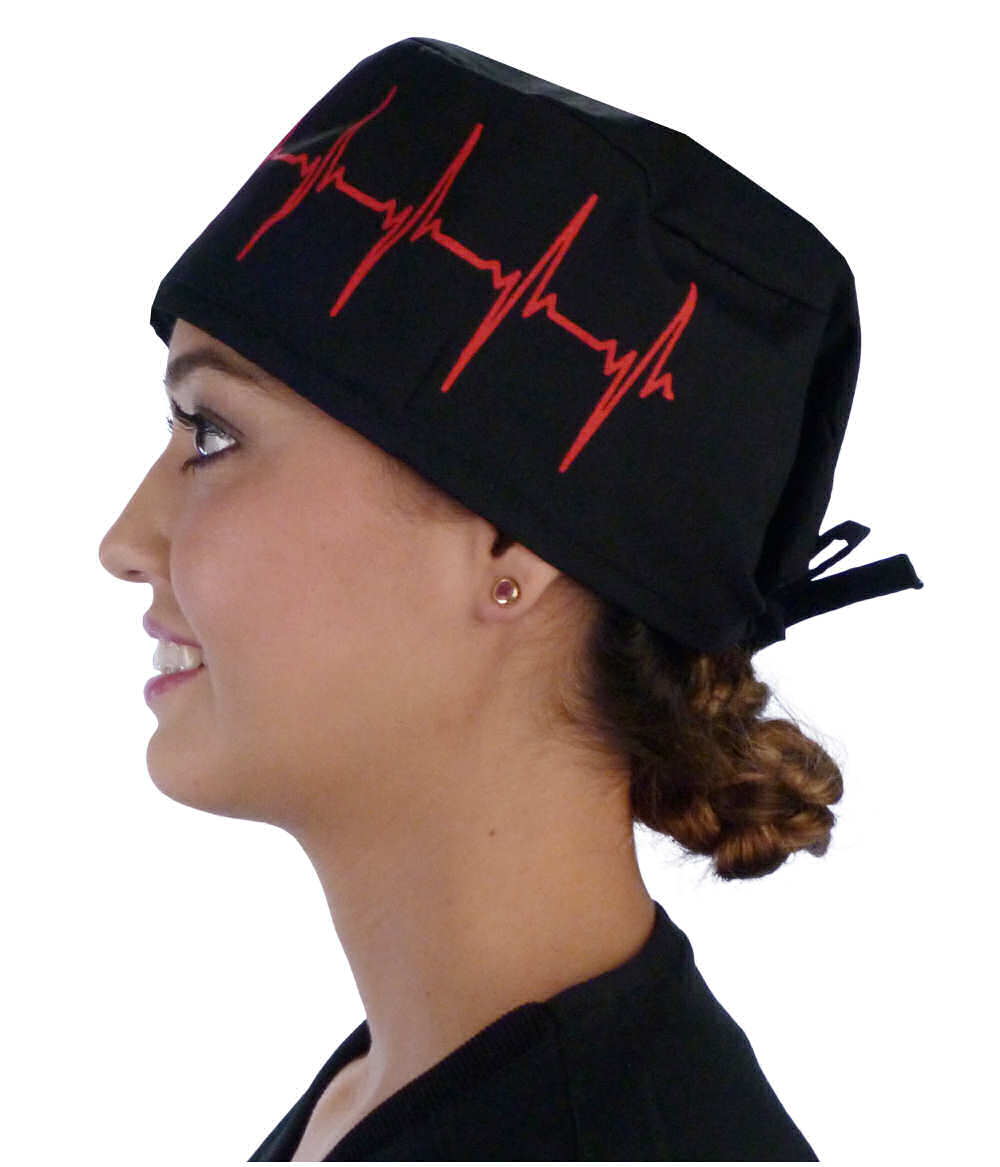 Side Facing View of a woman Wearing a Classic Cotton Surgical Scrub Cap - Red EKG (Heartbeat) on Black Pattern.