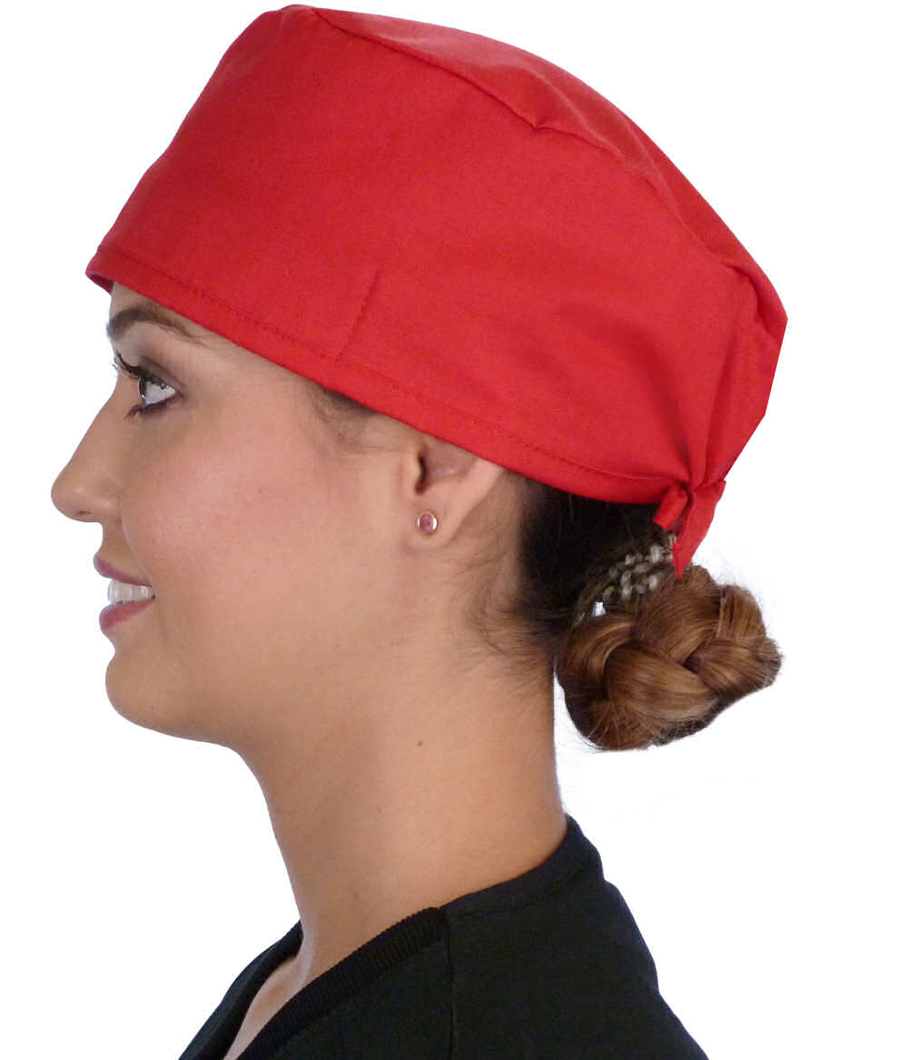 Side Facing View of a Woman Wearing a Classic Cotton Surgical Scrub Cap - Red Scrub Cap