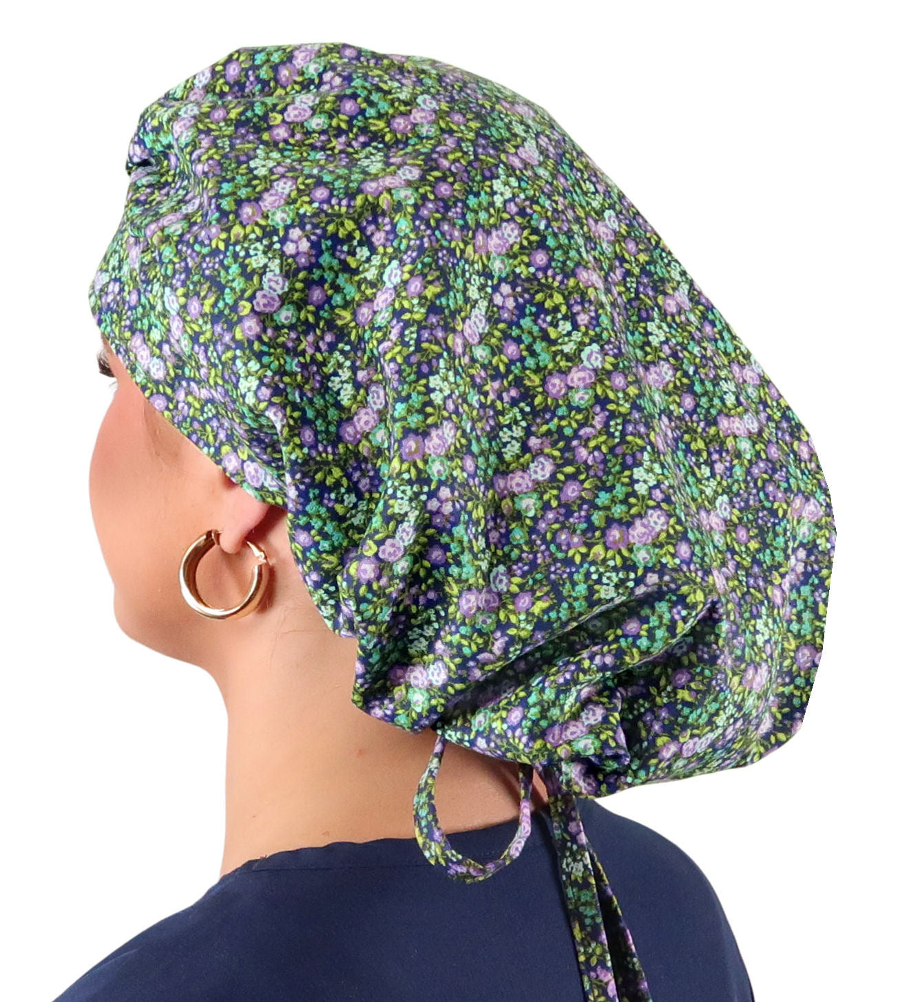 Stylish American Made Banded Bouffant Ponytail Scrub Cap - Lovely Lavender Flowers Banded Bouffant Surgical Scrub Caps