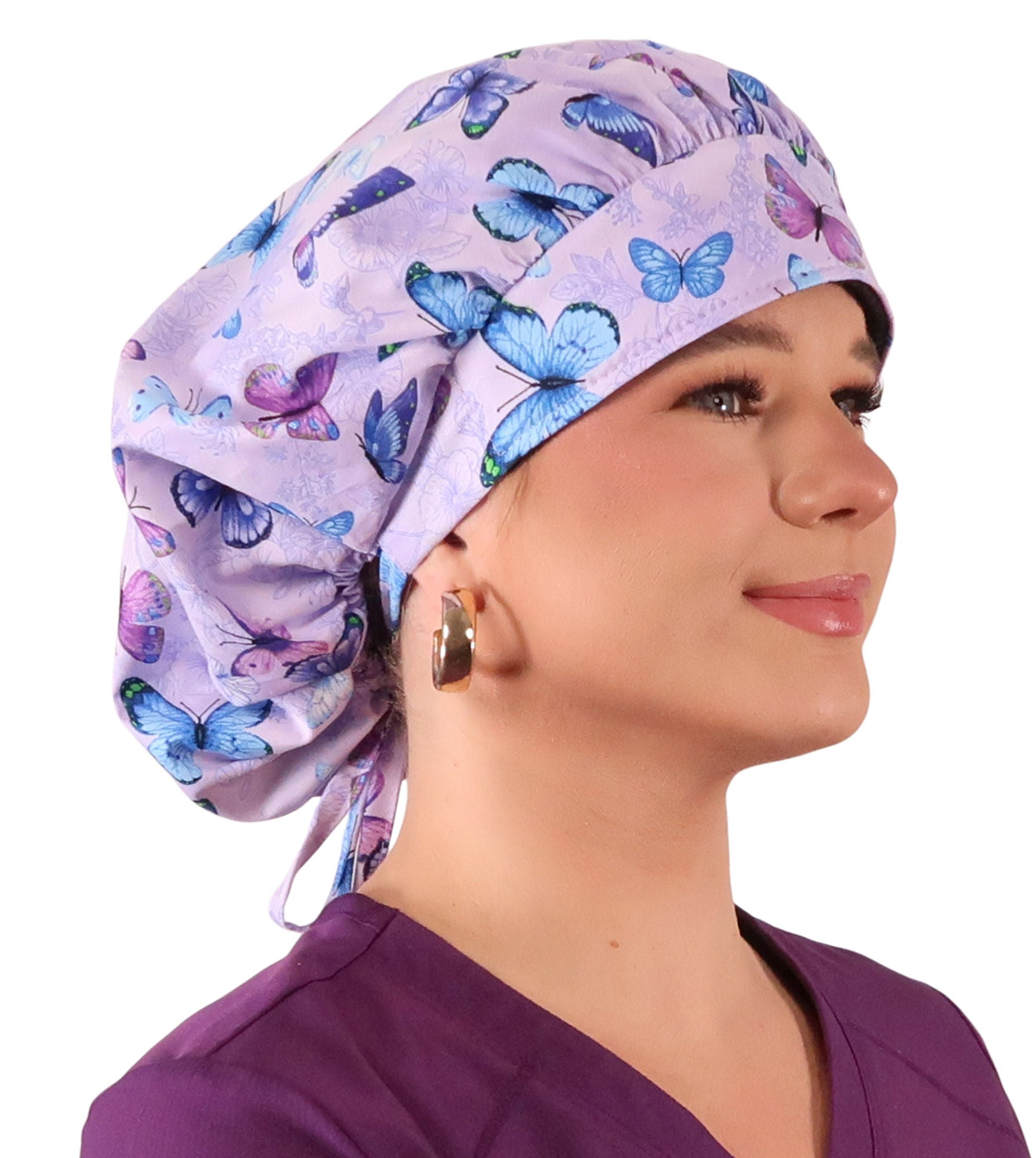 Stylish American Made Banded Bouffant Ponytail Scrub Cap - Lavender Butterfly Whimsy Banded Bouffant Surgical Scrub Caps