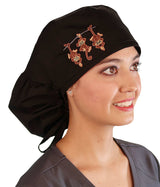 Embellished Big Hair Surgical Cap - Black Big Hair with Three Monkeys Patch