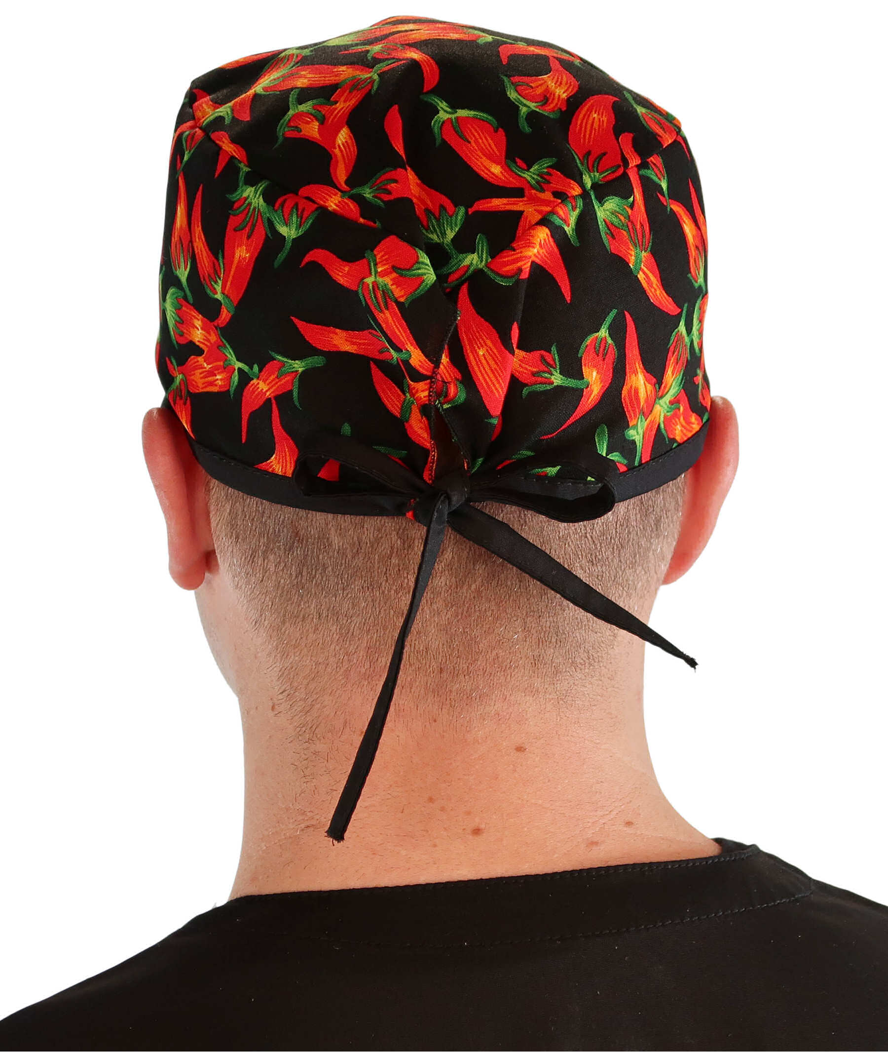 Back facing image of a man in scrubs wearing a Classic Surgical Scrub Cap in a Mixed Chili Peppers pattern.