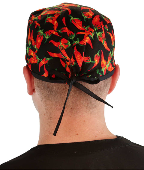 Classic Cotton Surgical Scrub Cap - American-Made with Sweatband - Mixed Chili Peppers on Black w/Black Ties