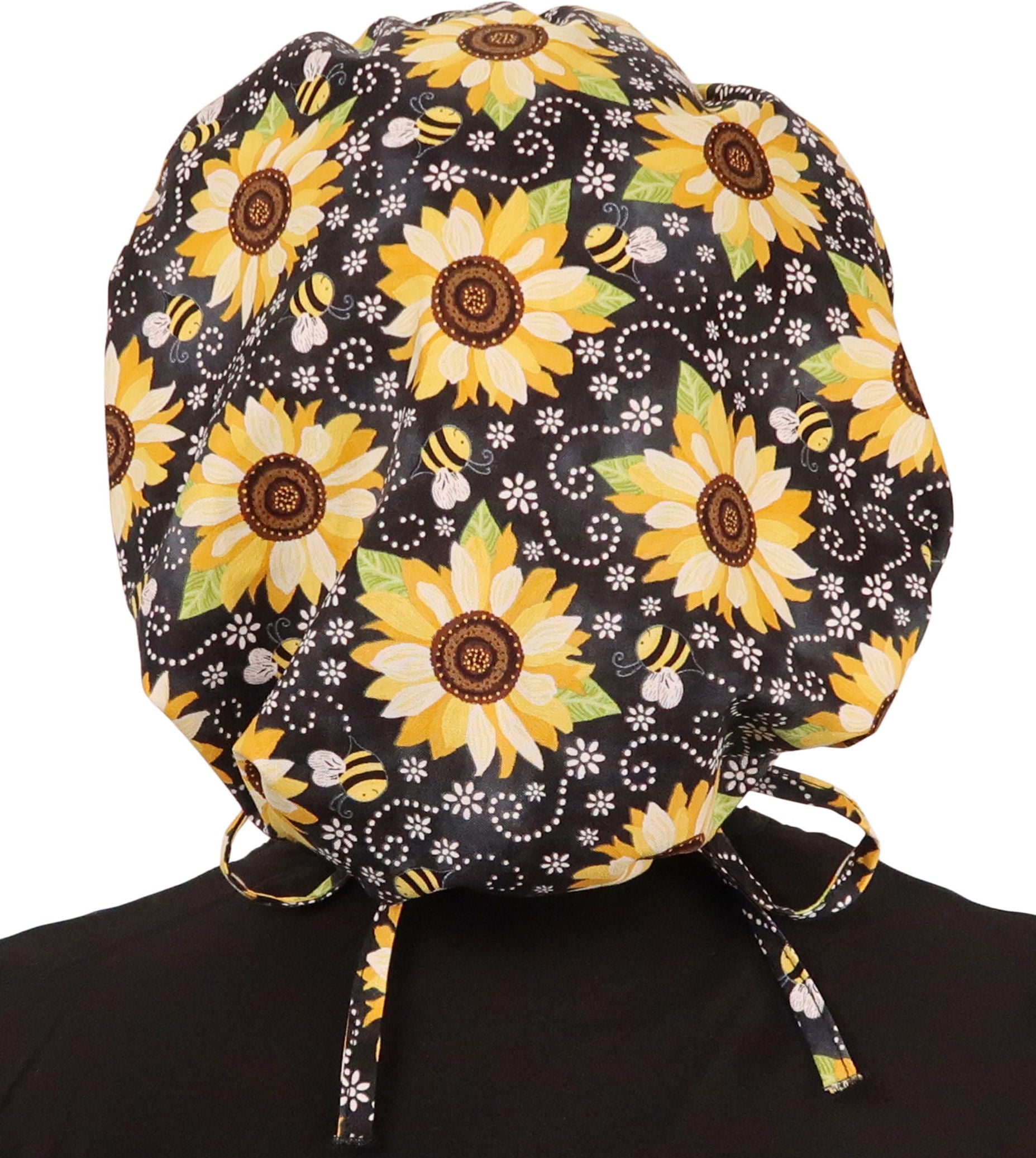 Back Facing Untied View of a Woman Wearing a Banded Bouffant Ponytail Surgical Scrub Cap - BEEutiful Sunflowers Patterned Fabric 