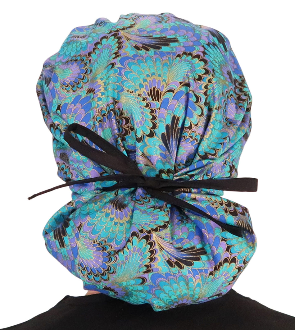 Banded Bouffant Surgical Scrub Cap - Peacock Plumes with Black Ties - Banded Bouffant Surgical Scrub Caps - Sparkling EARTH