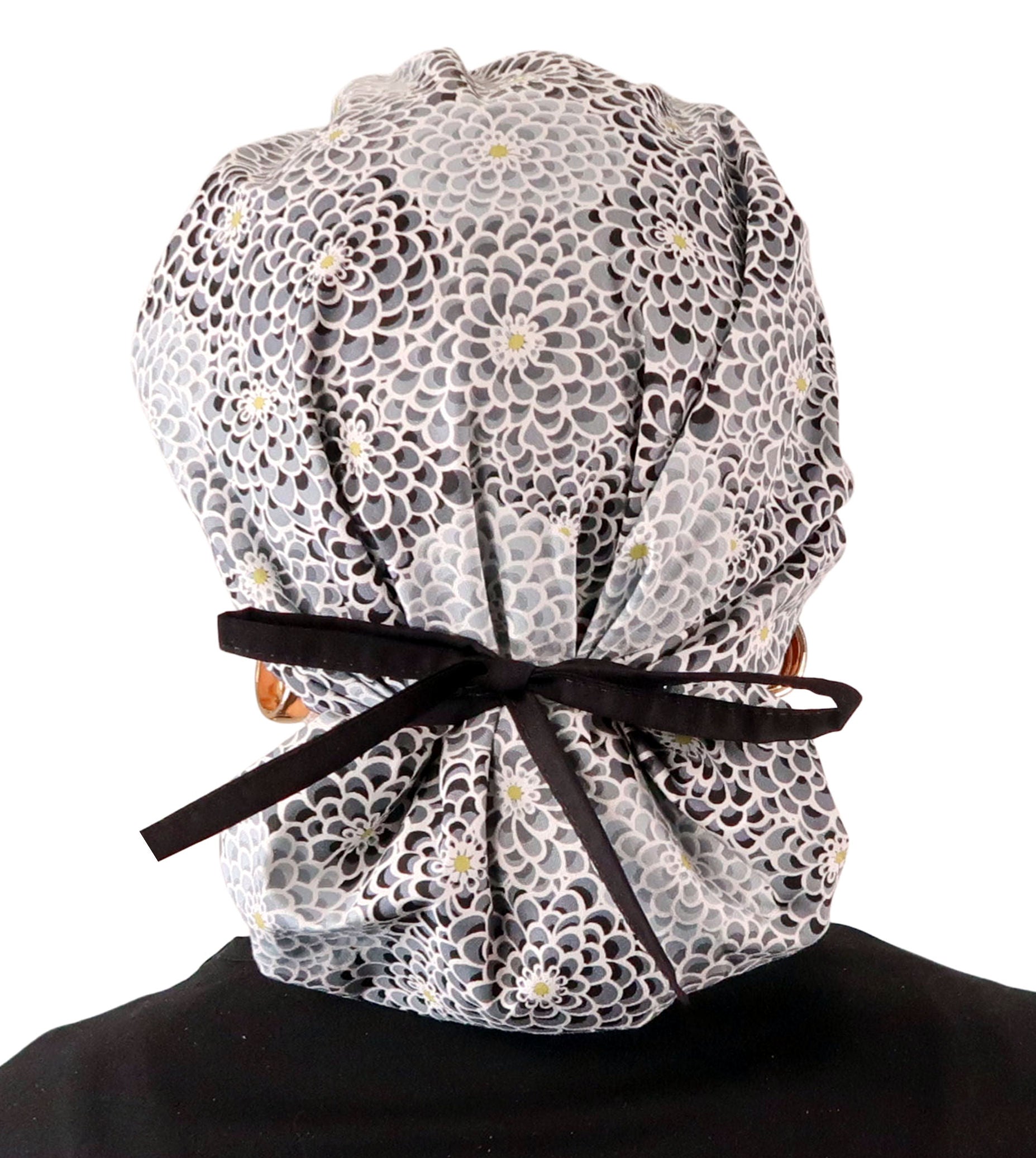 Stylish American Made Banded Bouffant Ponytail Scrub Cap - Dazzling Dahlias Black & Grey with Black Ties Banded