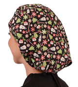 Banded Bouffant Surgical Scrub Cap - Holiday Happiness with Black Ties