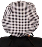 Banded Bouffant Surgical Scrub Cap - Black & White Checks with Black Ties