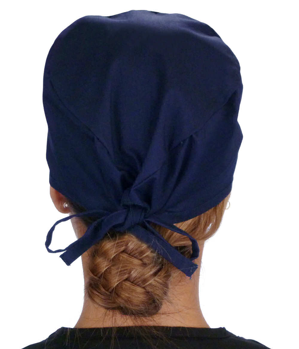 Back Facing View of a Woman Wearing a Classic Cotton Surgical Scrub Cap - Navy Scrub Cap