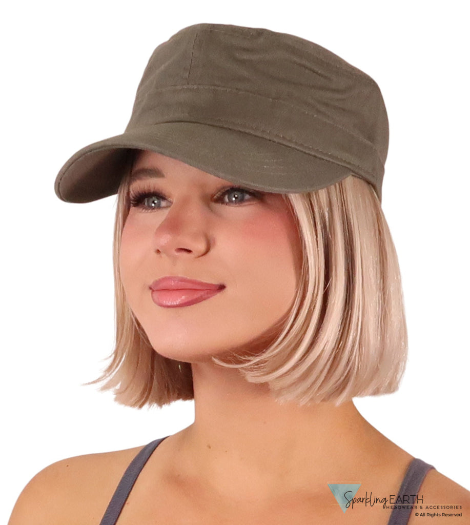 Blonde Woman 
Wearing an Olive Cadet Cap Facing Forward