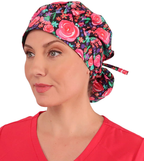 Banded Boufffant Surgical Scrub Cap - Pretty in Pink Roses - Banded Bouffant Surgical Scrub Caps - Sparkling EARTH