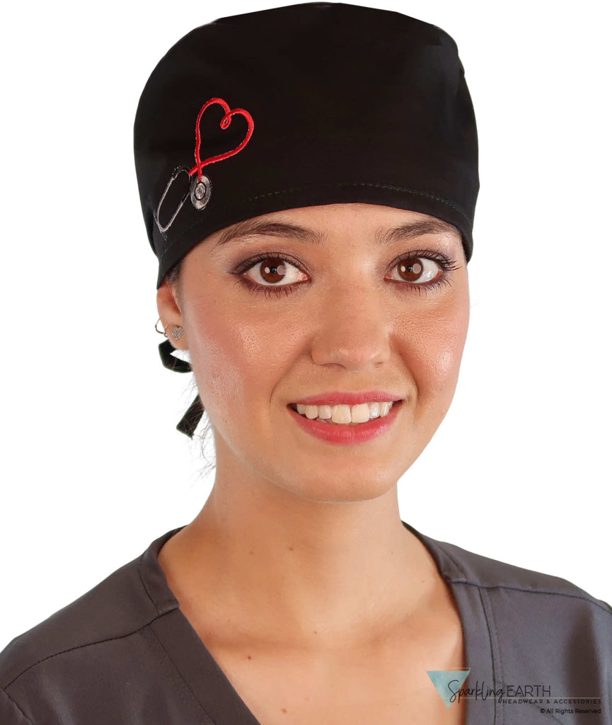 Embellished Surgical Scrub Cap - Black Cap with Heart Stethoscope Patch - Surgical Scrub Caps - Sparkling EARTH