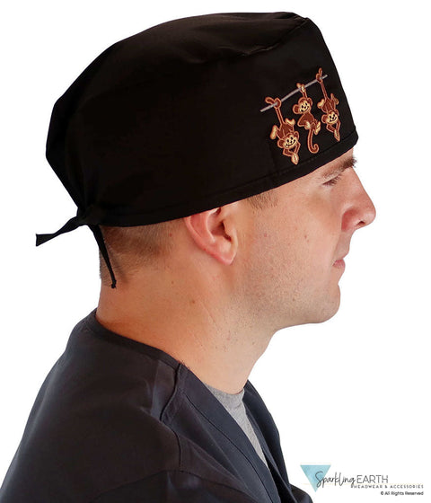 Embellished Surgical Scrub Cap - Black Cap with Three Monkeys Patch - Surgical Scrub Caps - Sparkling EARTH