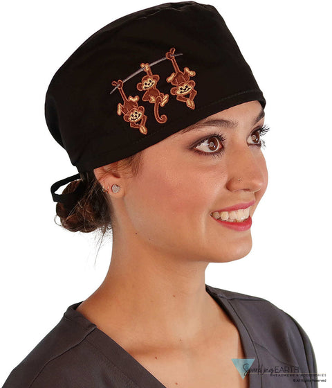 Embellished Surgical Scrub Cap - Black Cap with Three Monkeys Patch - Surgical Scrub Caps - Sparkling EARTH