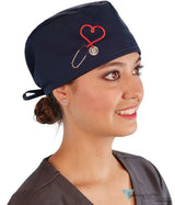 Embellished Surgical Scrub Cap - Navy Cap with Heart Stethoscope Patch - Surgical Scrub Caps - Sparkling EARTH