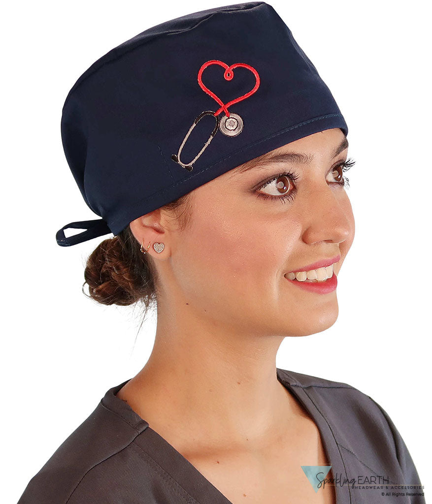 American-Made Cotton Surgical Scrub Cap with Unique Flair - Navy Cap with Heart Stethoscope Patch Surgical Scrub Caps