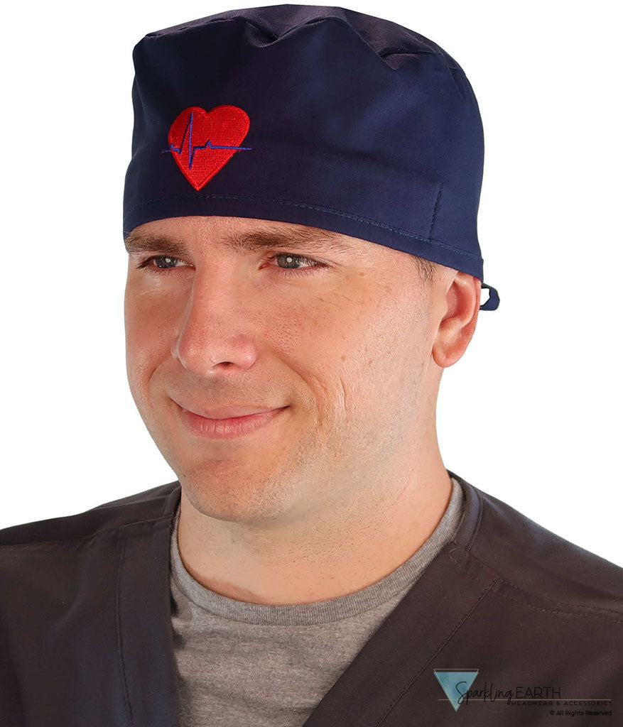 American-Made Cotton Surgical Scrub Cap with Unique Flair - Navy Cap with Medical Heart Patch Surgical Scrub Caps